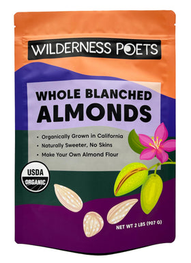 Wilderness Poets organic blanched almonds 2lb front pack, ideal for snacking and recipes.