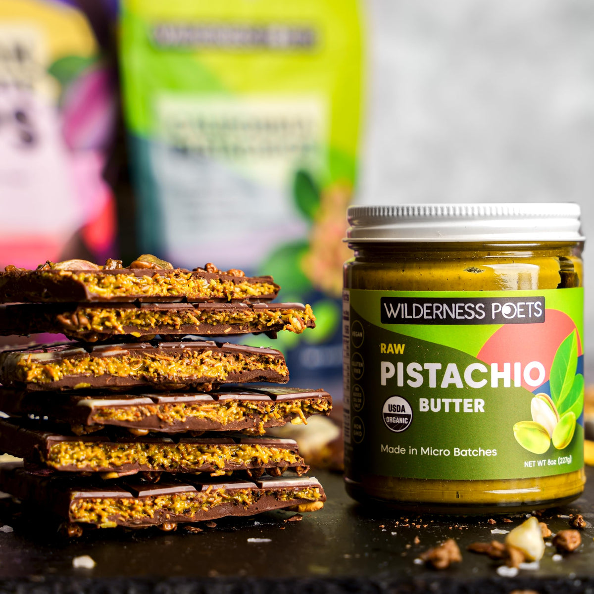 Wilderness Poets Organic Pistachio Butter 3 Pack back view, unsweetened base for savory dishes.