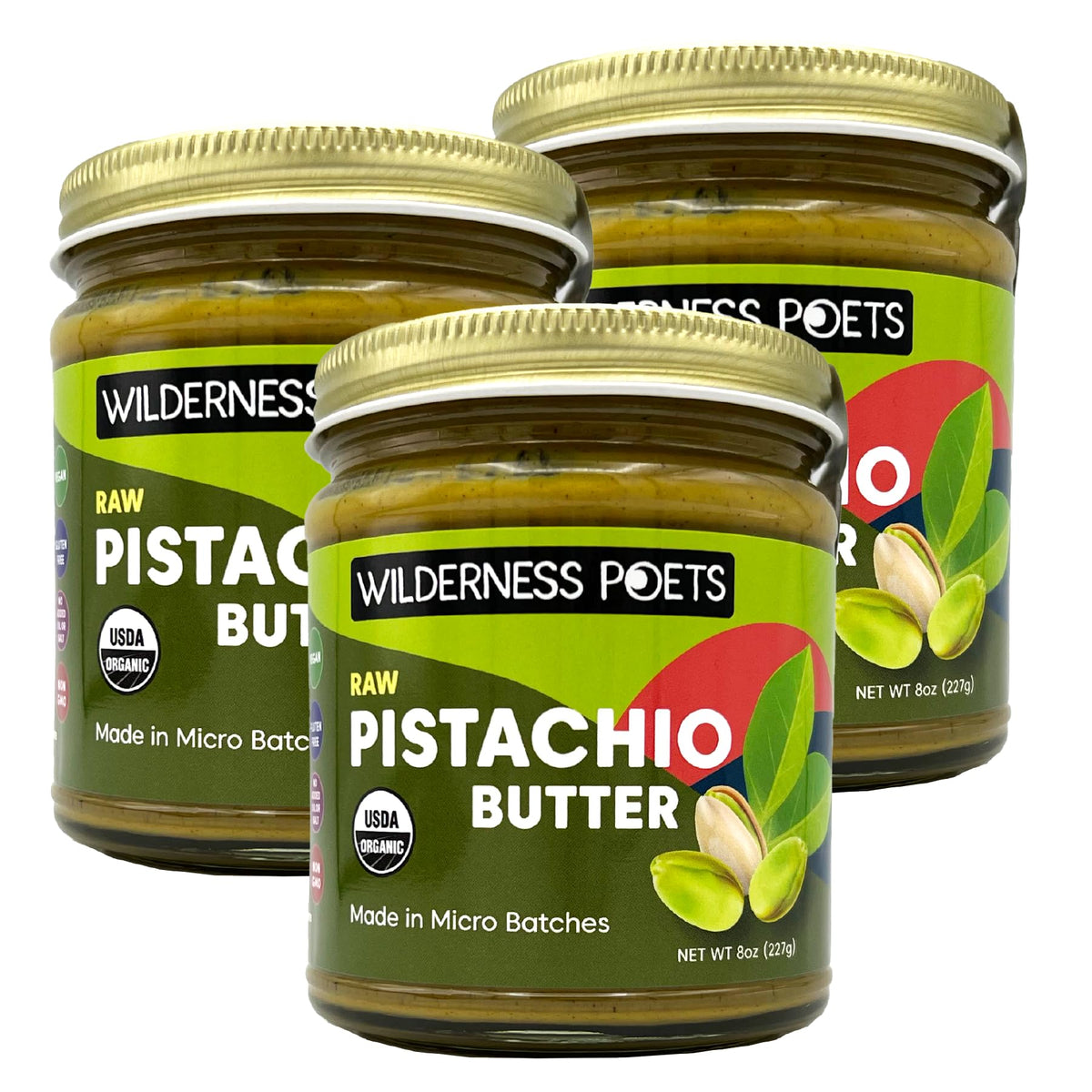 Wilderness Poets Organic Pistachio Butter 3 Pack front view, creamy spread ready for desserts.
