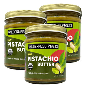 Wilderness Poets Organic Pistachio Butter 3 Pack front view, creamy spread ready for desserts.