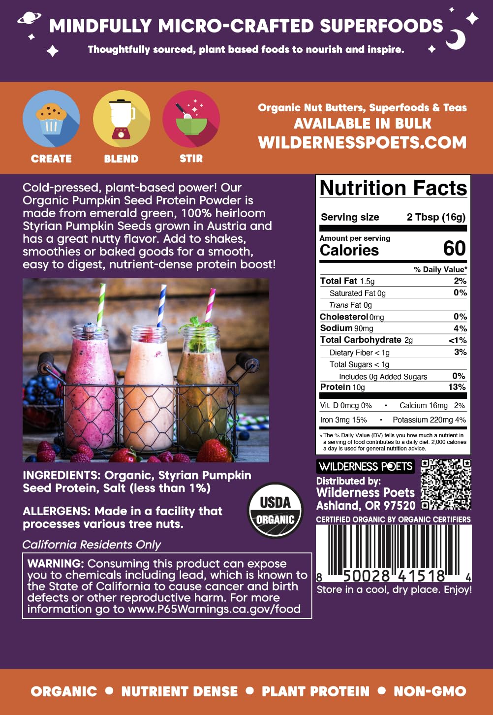 Wilderness Poets Organic Pumpkin Seed Protein Powder bag back shows clean nutrition label