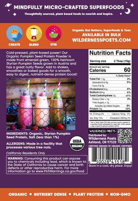 Wilderness Poets Organic Pumpkin Seed Protein Powder bag back shows clean nutrition label