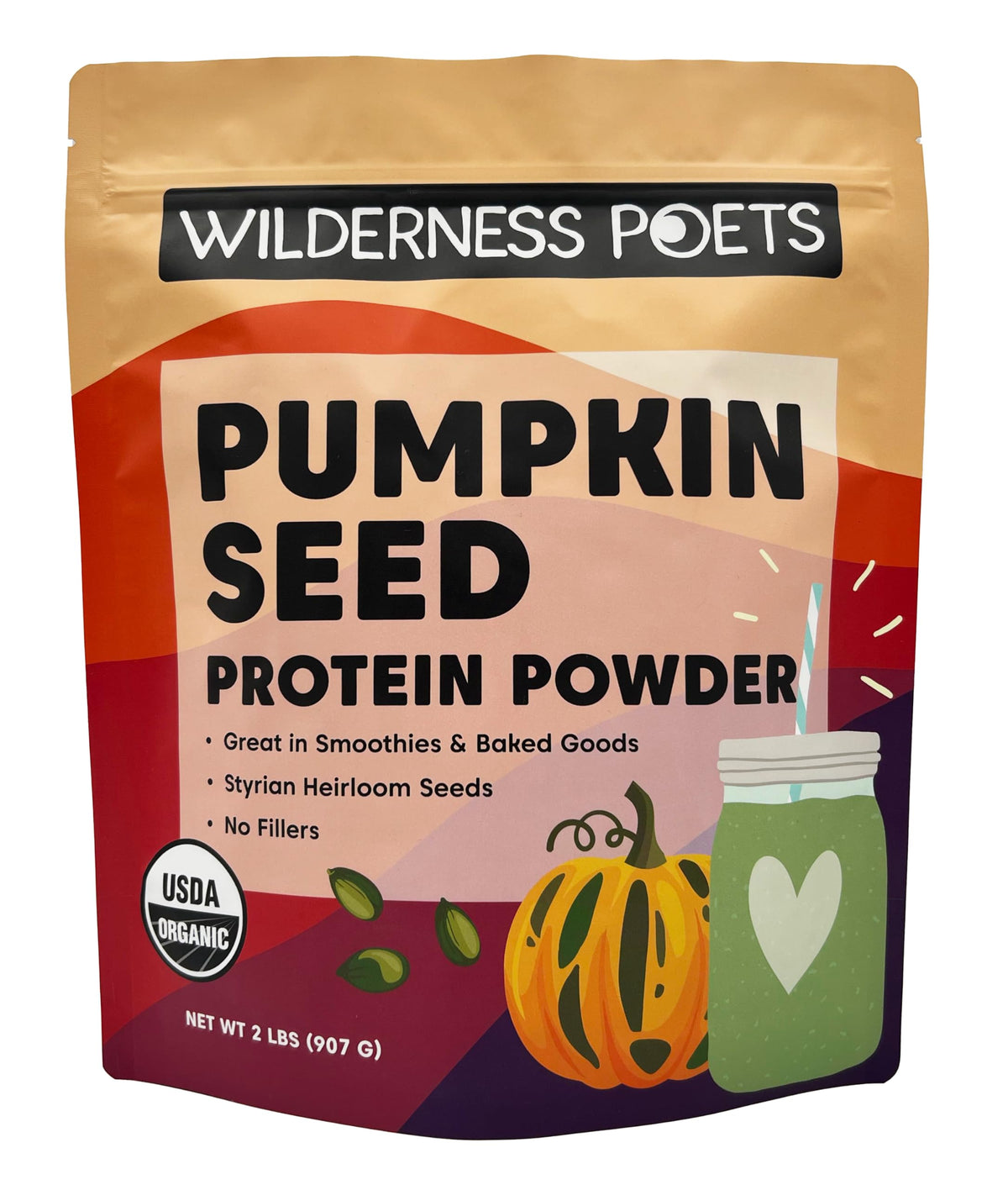 Wilderness Poets Organic Pumpkin Seed Protein Powder bag front highlighting unsweetened shake-ready protein