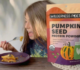 Open package of Wilderness Poets pumpkin seed protein powder ready for baking
