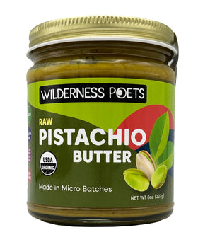Wilderness Poets Pistachio Butter in a glass jar showcasing 100% pistachios, unsweetened and organic.