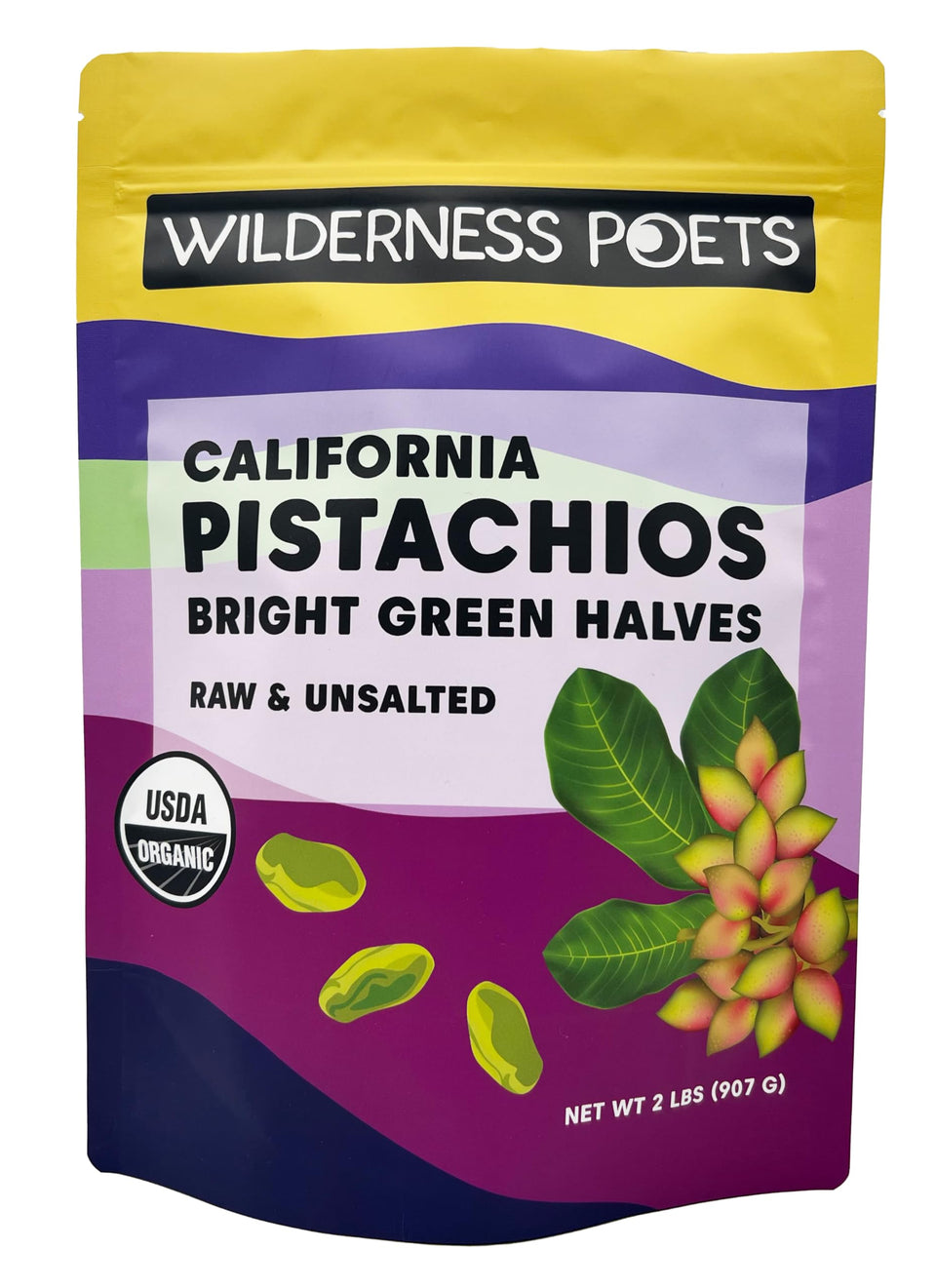 Wilderness Poets pistachios bag open, convenient unsalted snack with vibrant green kernels.