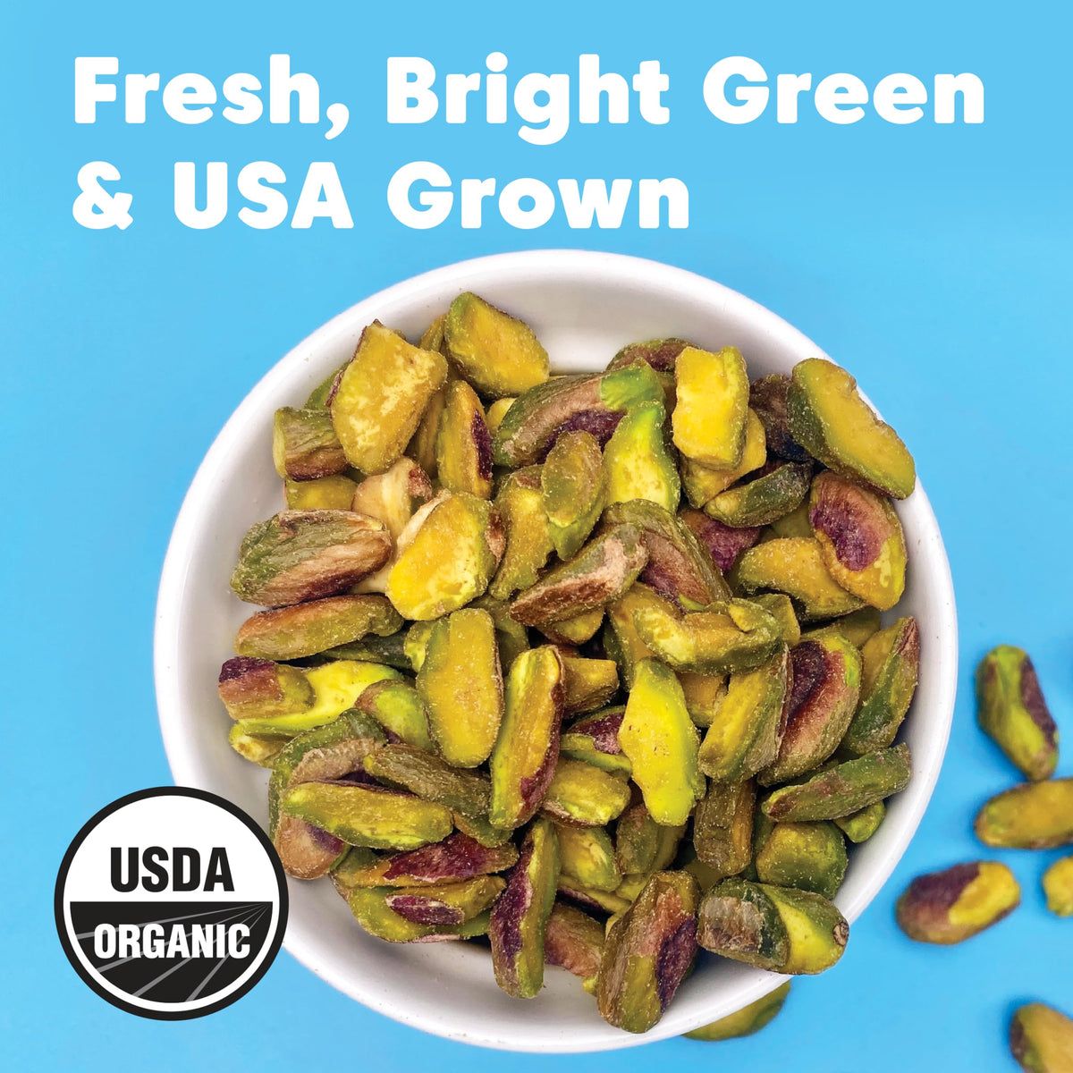 Wilderness Poets pistachios close-up of halves, premium organic nuts for recipes.