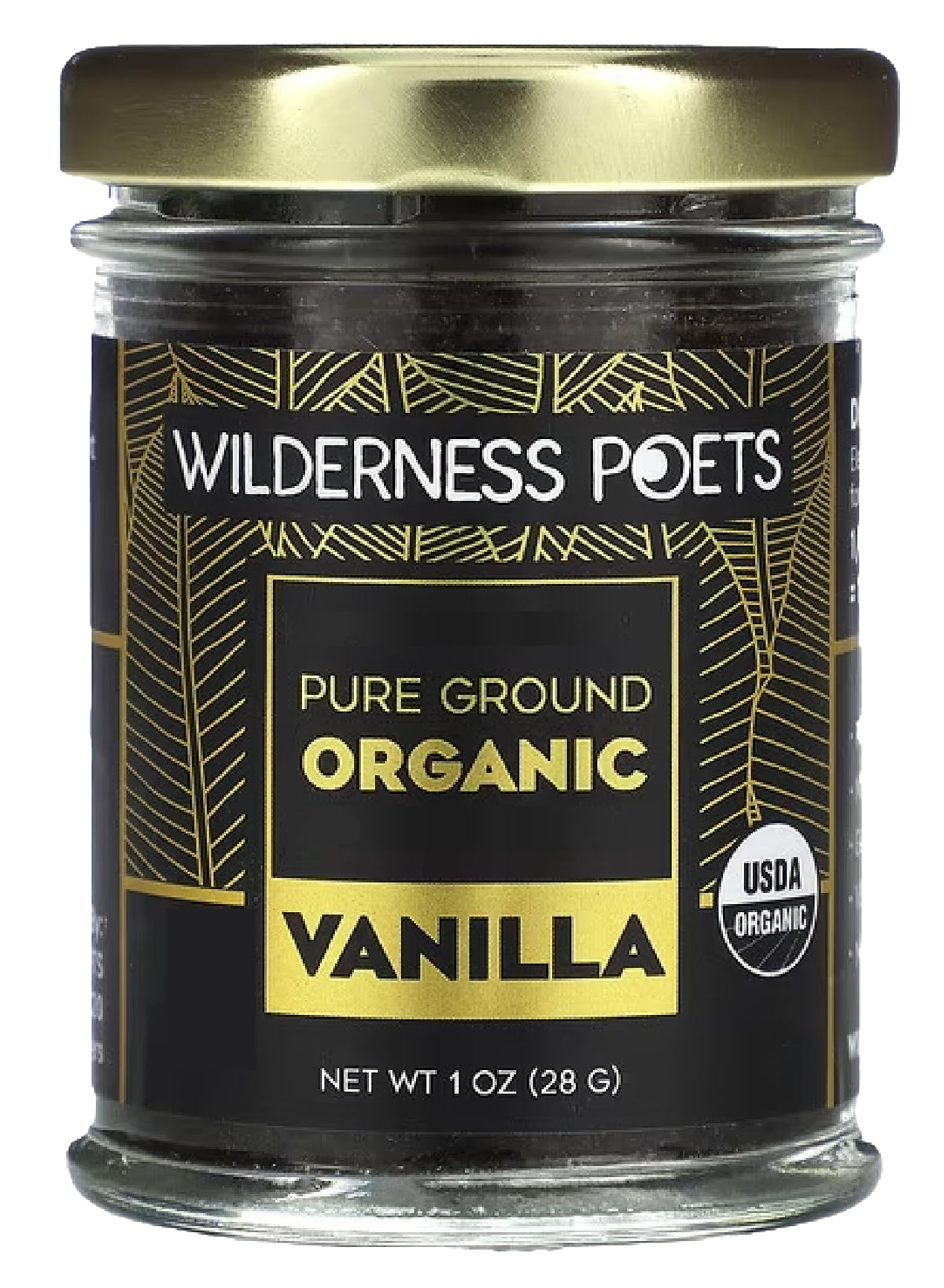 Wilderness Poets Pure Vanilla Powder jar closeup highlighting Tahitian aroma for gourmet baking.