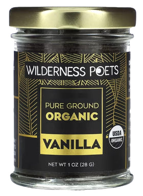 Wilderness Poets Pure Vanilla Powder jar closeup highlighting Tahitian aroma for gourmet baking.