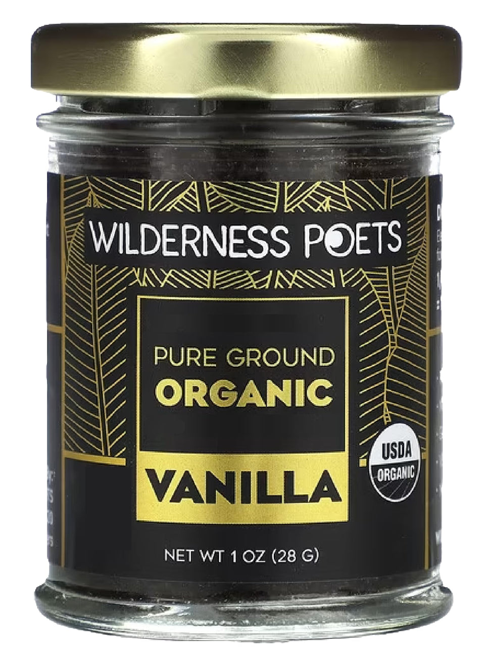 Wilderness Poets Pure Vanilla Powder jar closeup highlighting Tahitian aroma for gourmet baking.