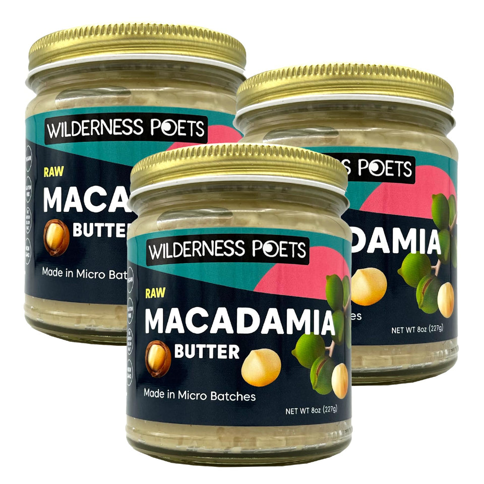 Wilderness Poets raw macadamia butter 3-pack glass jars for easy storage.
