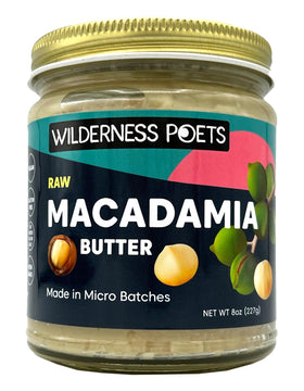 Wilderness Poets raw macadamia butter in a glass jar, creamy spread