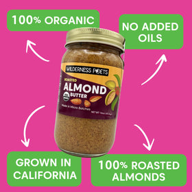 Wilderness Poets Roasted Almond Butter jar side view emphasizes premium glass packaging.