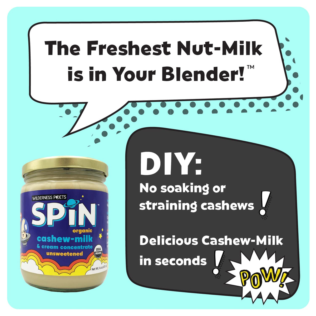 Wilderness Poets SPiN bottle pouring creamy cashew milk into a glass