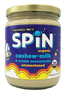 Wilderness Poets SPiN jar close-up showing one-ingredient cashews for dairy-free milk