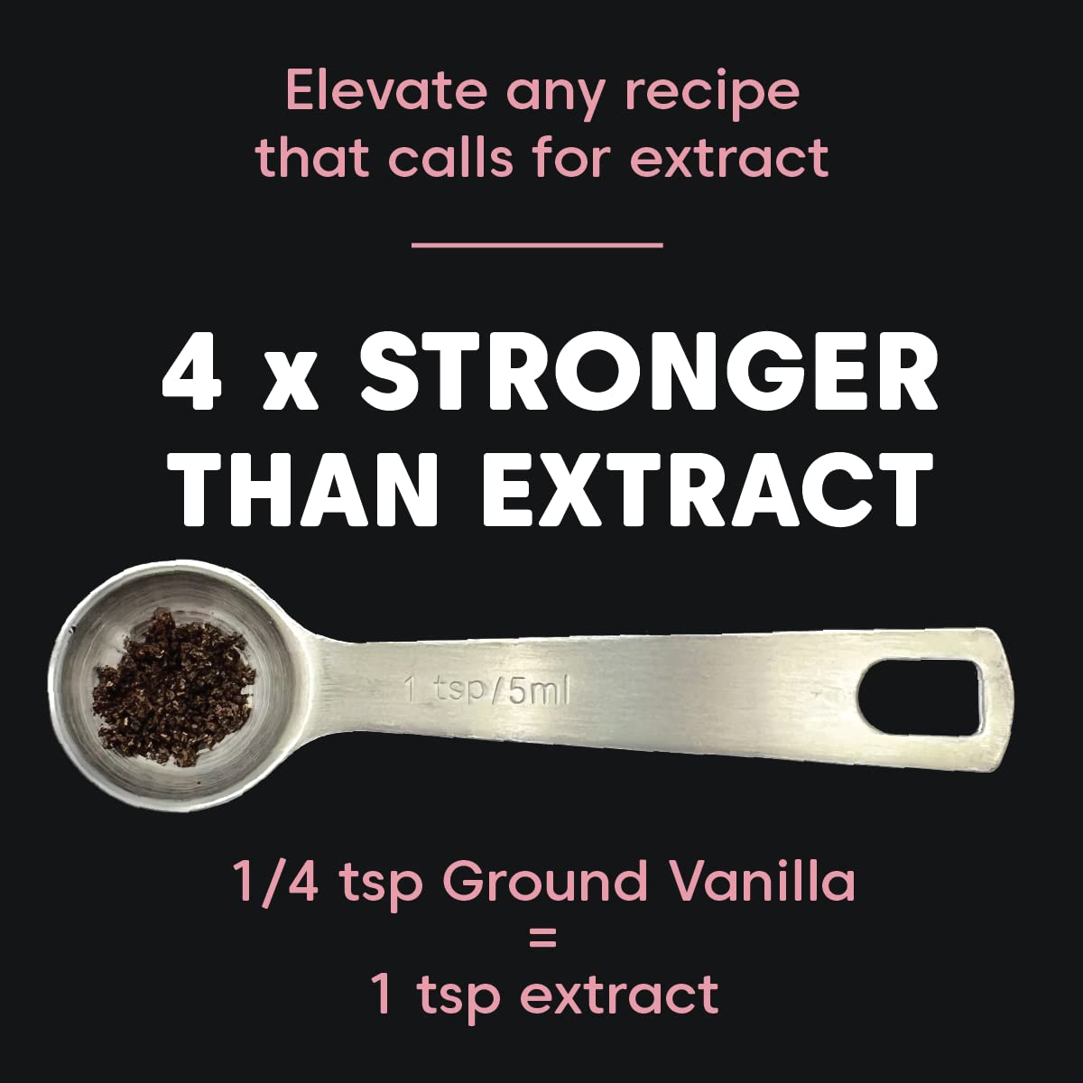 Wilderness Poets vanilla powder closeup, black color signaling undiluted, sugar-free, alcohol-free notes.
