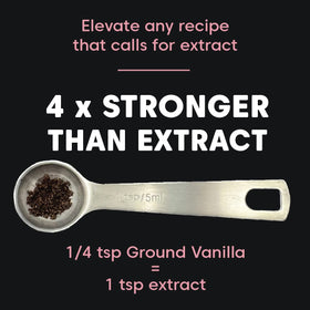 Wilderness Poets vanilla powder closeup, black color signaling undiluted, sugar-free, alcohol-free notes.