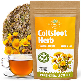 Wildfield Herbs Coltsfoot tea leaves in a box with rich aroma for brewing