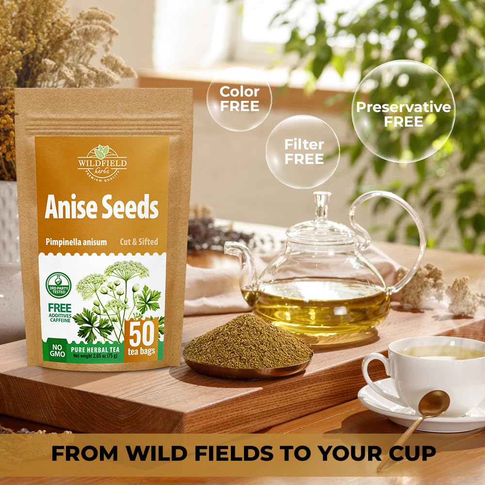 A 50-count box of Wildfield Herbs Anise Tea Bags for daily use.