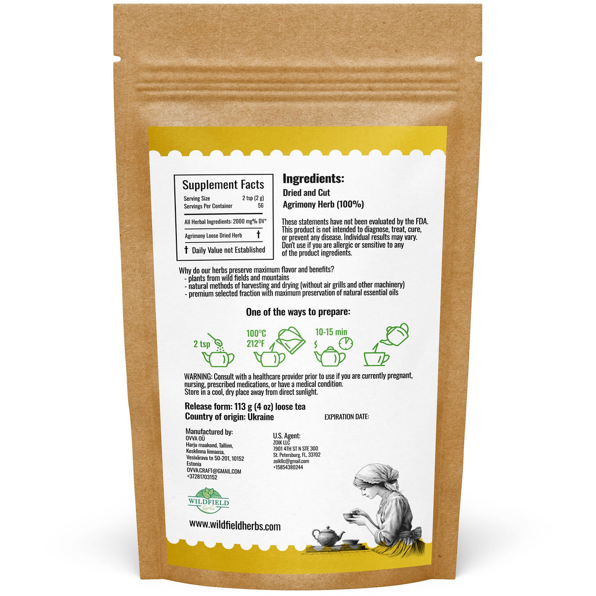 WILDFIELD HERBS Agrimony Tea 113 g pouch for everyday ritual.