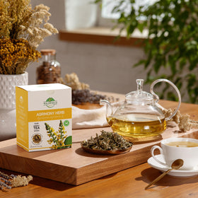 WILDFIELD HERBS Agrimony Tea aromatic infusion in a mug.