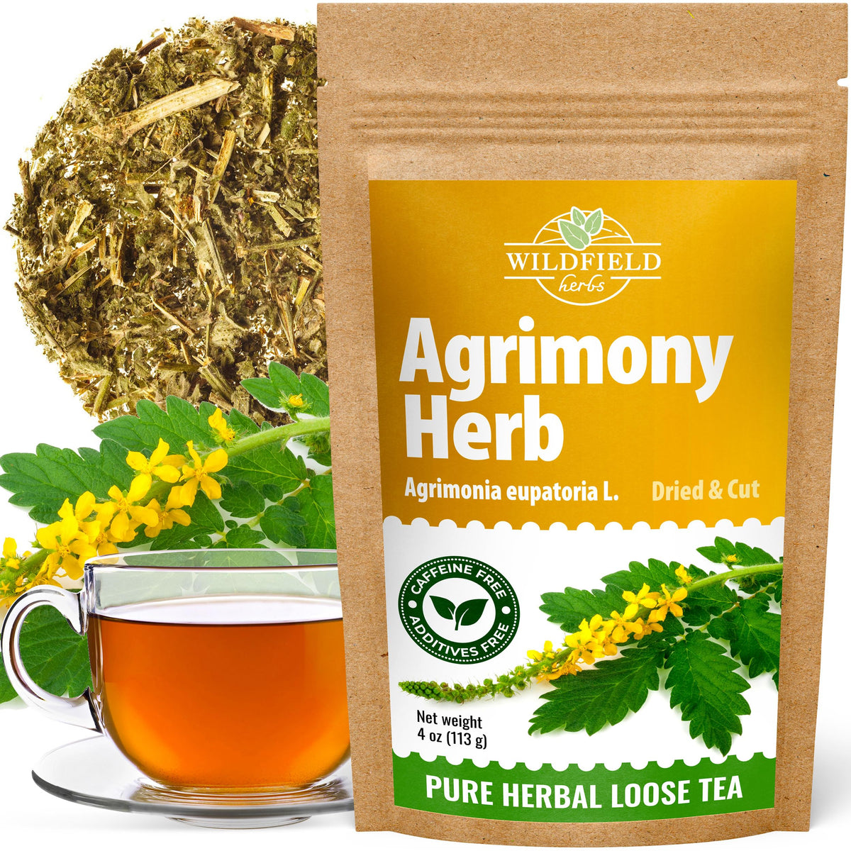 WILDFIELD HERBS Agrimony Tea dried flowers for a soothing hot infusion.