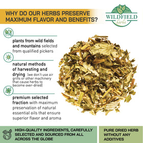 WILDFIELD HERBS Agrimony Tea packaging showing hermetic seal for freshness.