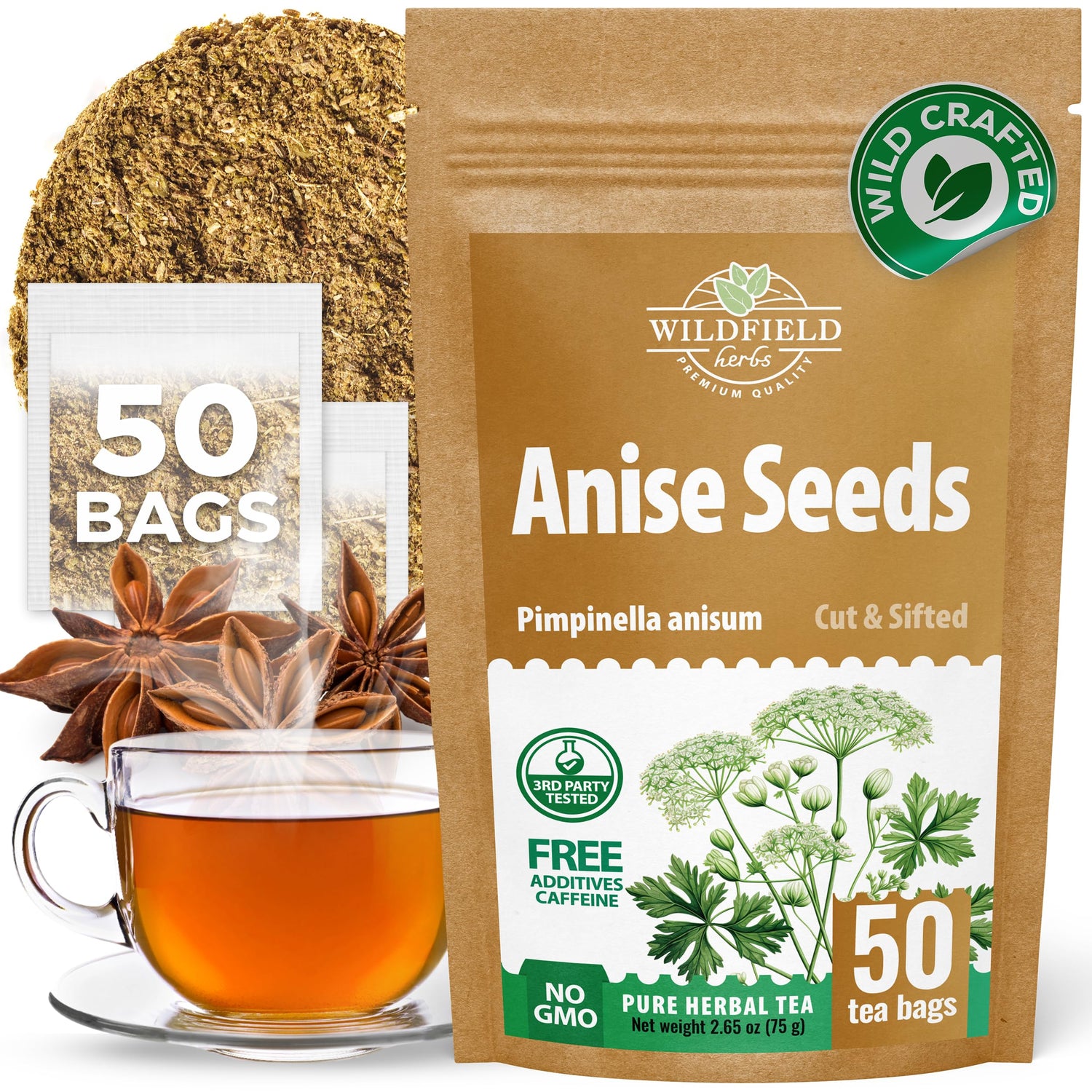 Wildfield Herbs Anise Tea Bags in a box, ready for a soothing brew.