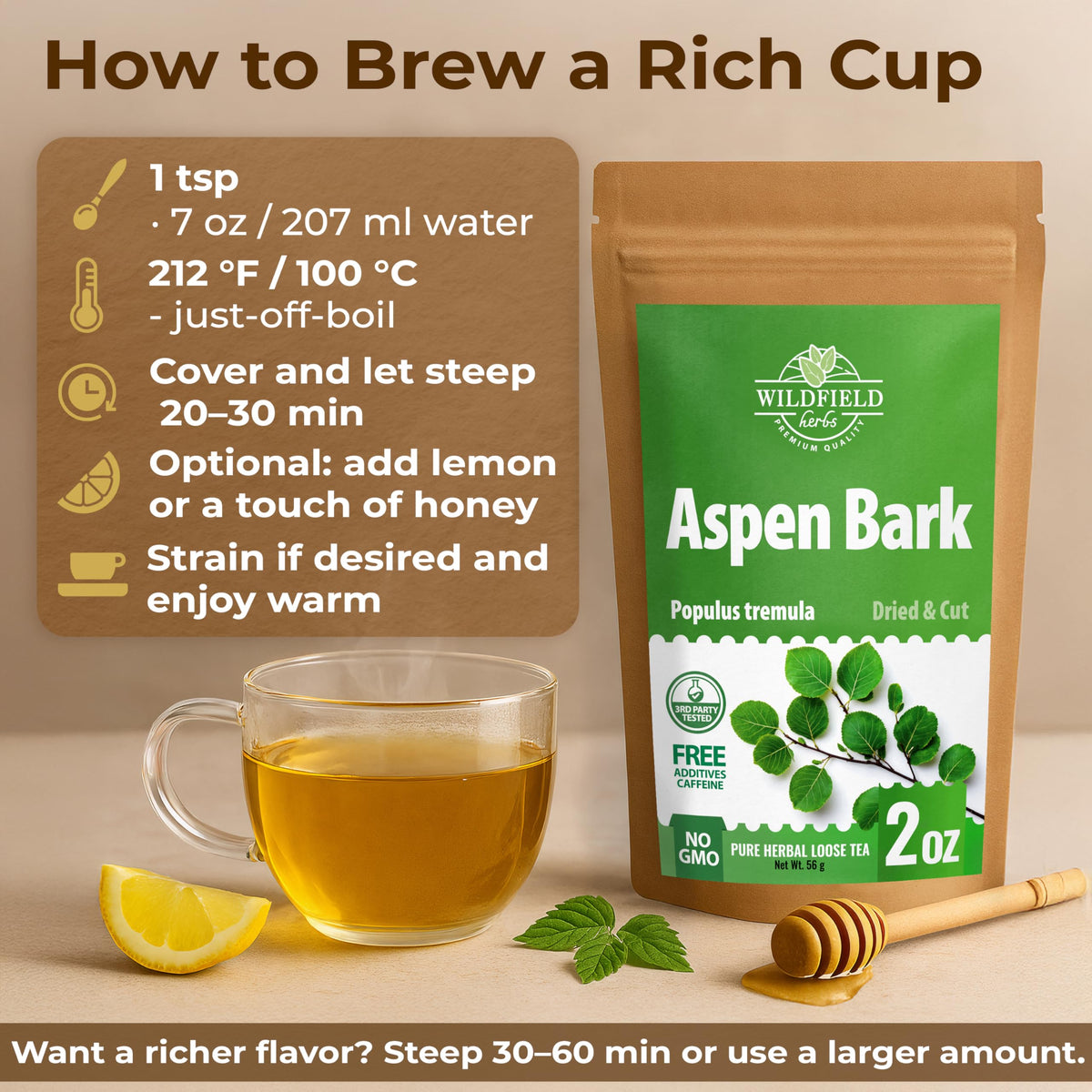 Wildfield Herbs Aspen Bark Tea loose leaves in a scoop for precise measure.