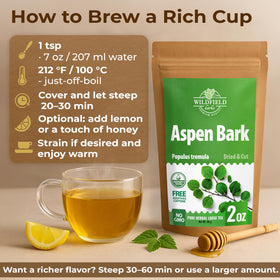 Wildfield Herbs Aspen Bark Tea loose leaves in a scoop for precise measure.