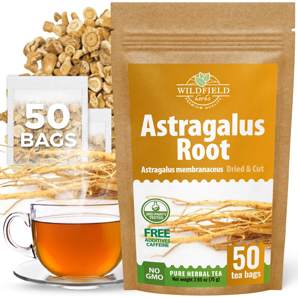 Wildfield Herbs Astragalus tea bags in packaging showing freshness and quality.