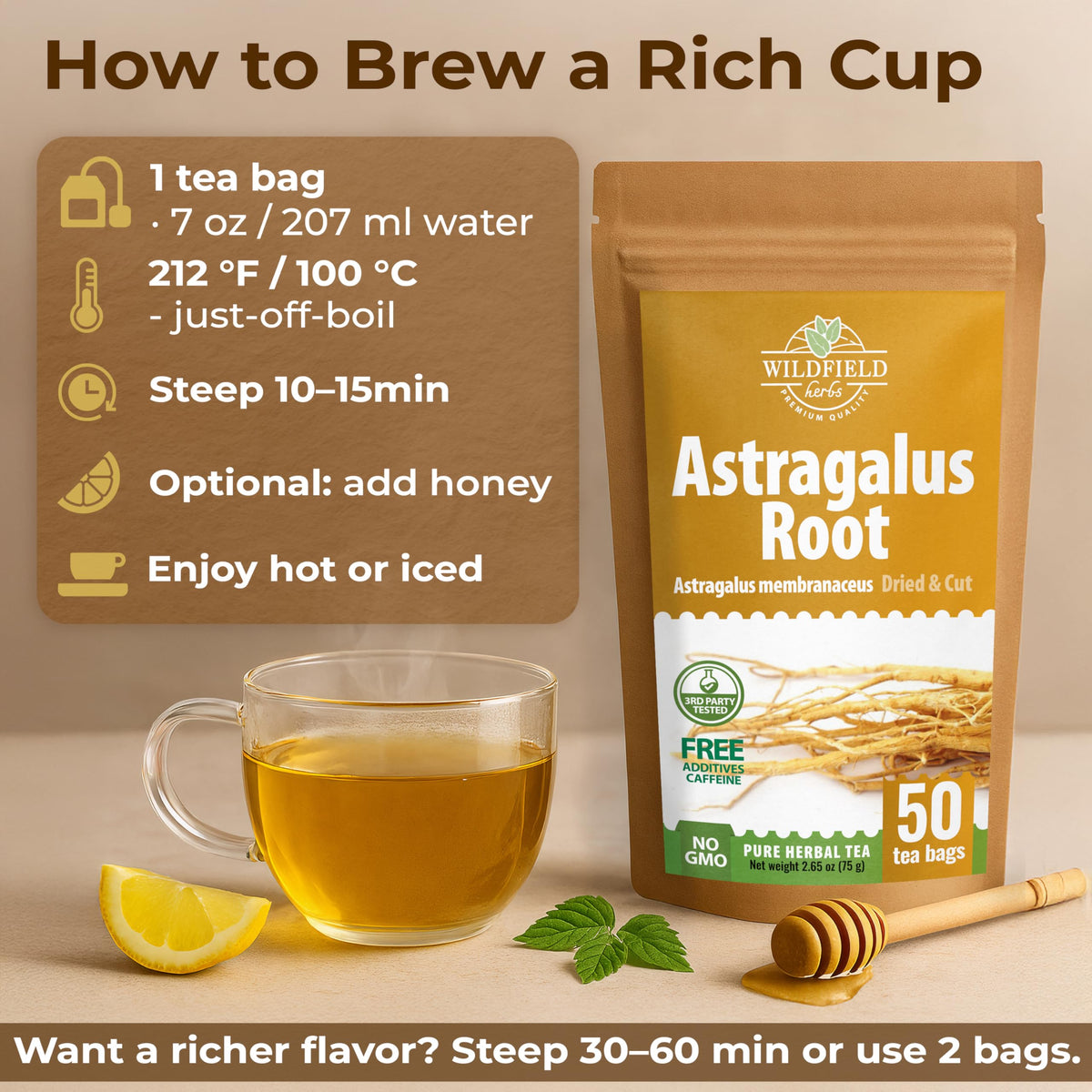 Wildfield Herbs Astragalus tea label emphasizing packaging and freshness seal.