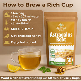 Wildfield Herbs Astragalus tea label emphasizing packaging and freshness seal.