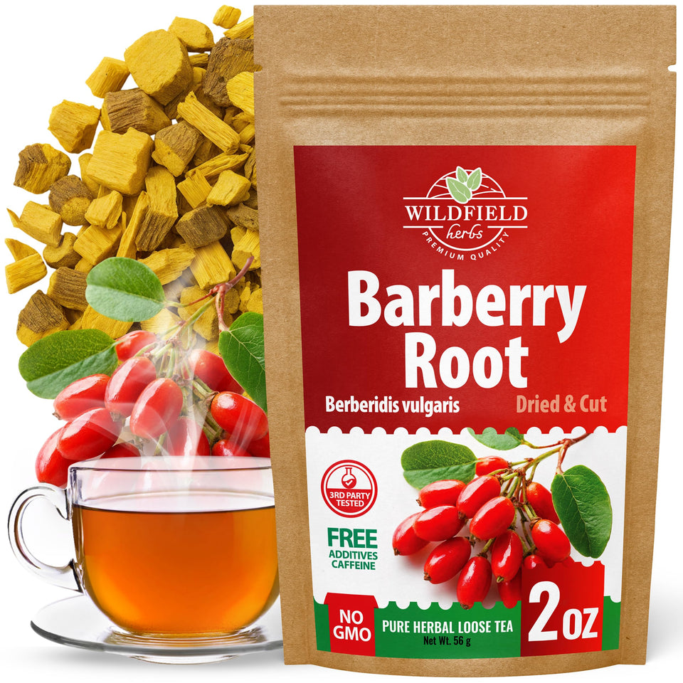 Wildfield Herbs Barberry Root Tea box front shows fresh packaging and inviting aroma
