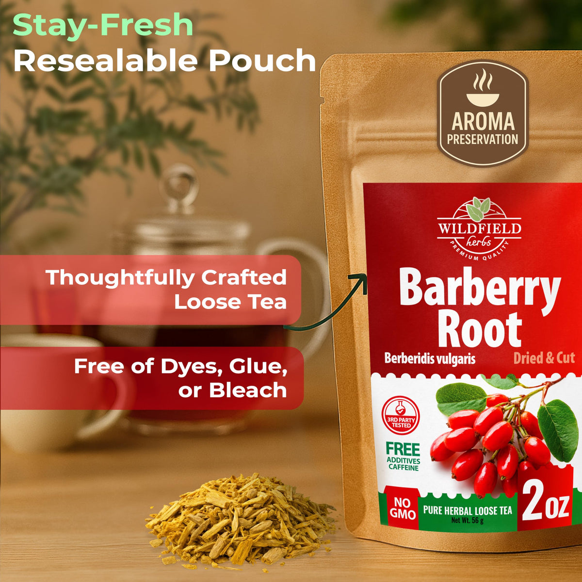 Wildfield Herbs Barberry Root Tea packaging seal emphasizes freshness