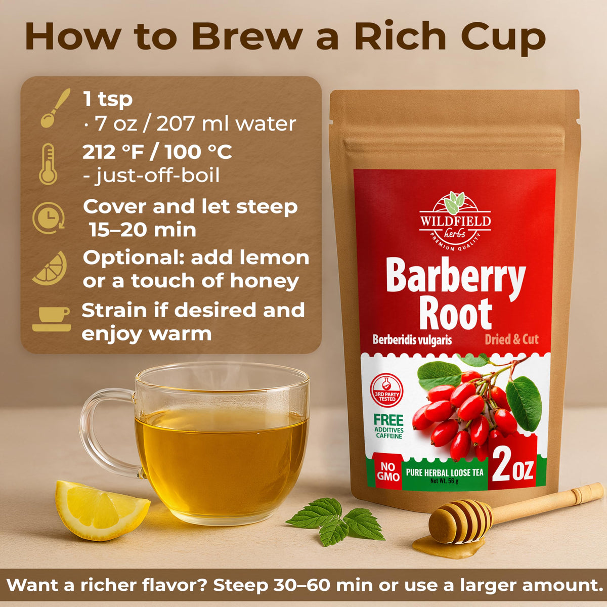 Wildfield Herbs Barberry Root Tea steeping cup displays color and aroma