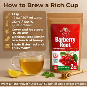 Wildfield Herbs Barberry Root Tea steeping cup displays color and aroma