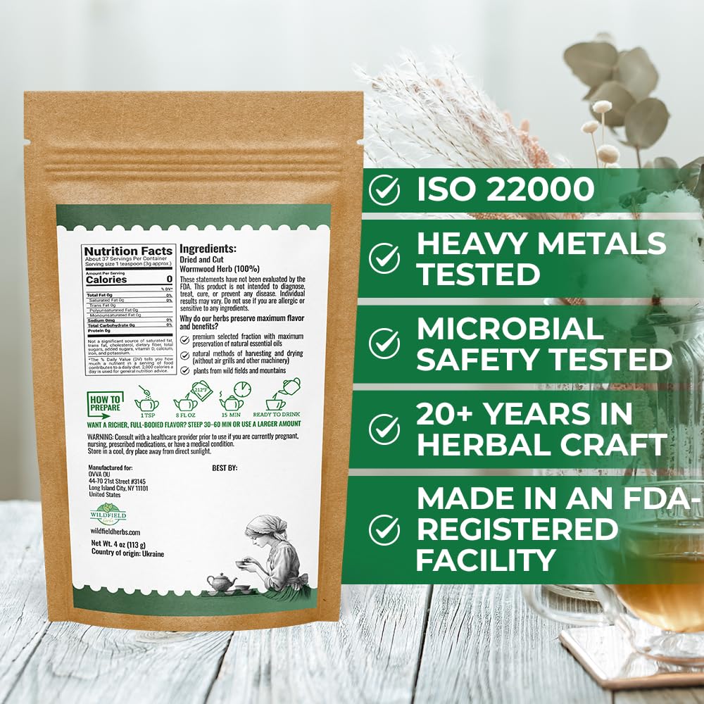 Wildfield Herbs boxed Wormwood Tea emphasizes quality and origin European.