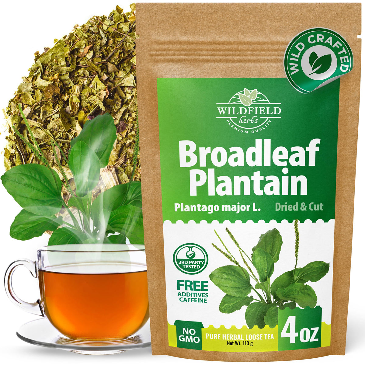Wildfield Herbs broadleaf plantain tea packaging, ready for quick brewing.