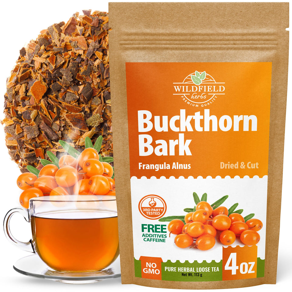 Wildfield Herbs buckthorn bark tea box showing a fresh, aromatic blend for a calming cup