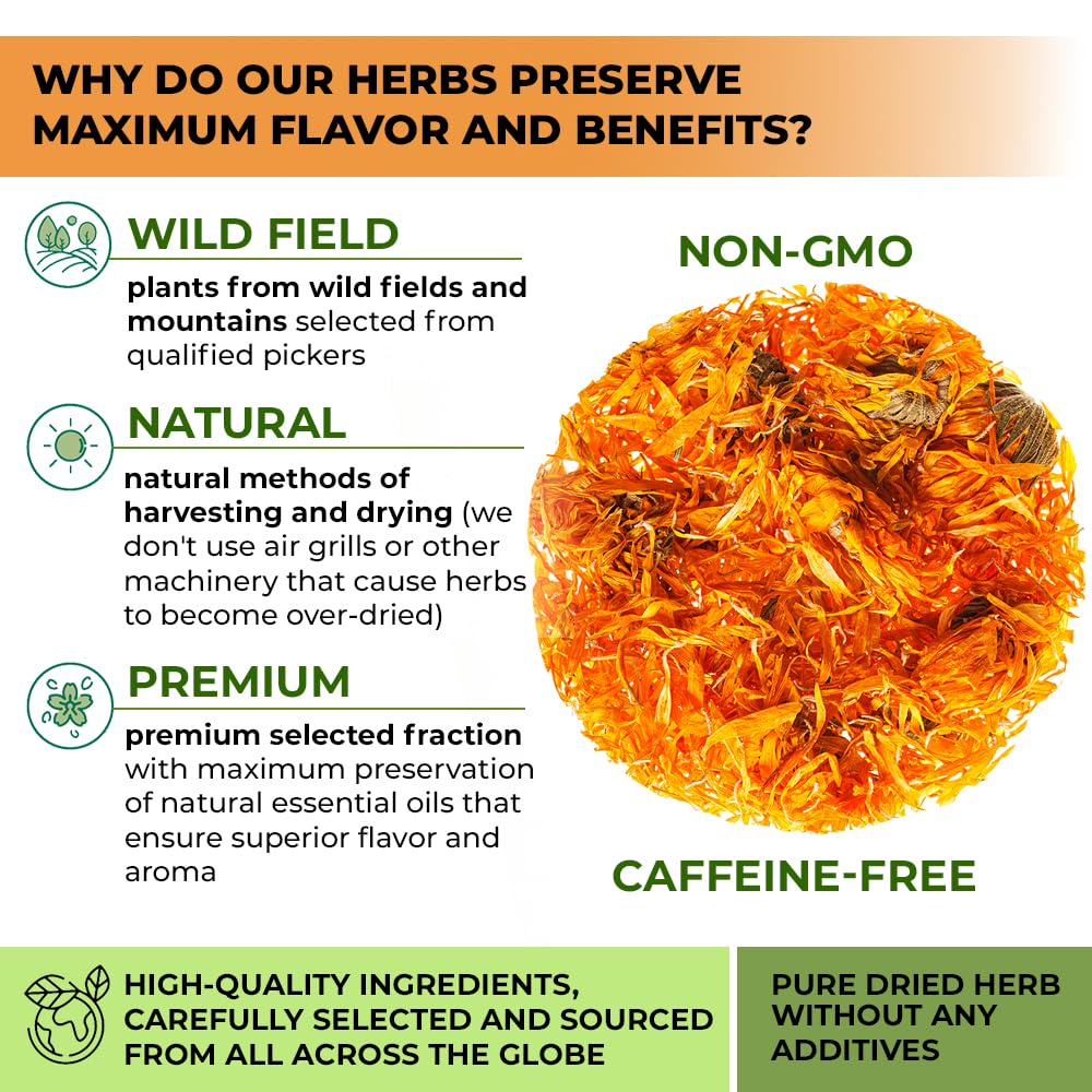 WildField Herbs calendula tea bags pack, simple steeping for quick caffeine-free moments