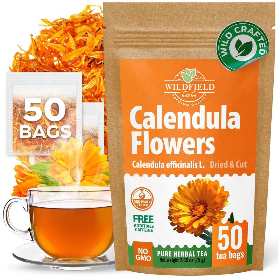 WildField Herbs calendula tea box front view for convenient home brewing