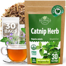 Wildfield Herbs catnip tea box with 30 bags, aromatic and convenient for daily rituals.