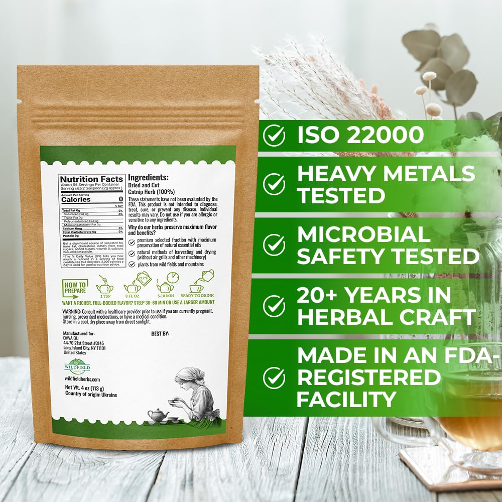 Wildfield Herbs catnip tea sachets in box, easy to store and use.
