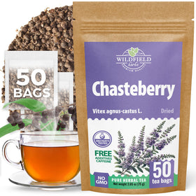 Wildfield Herbs Chaste Tree Berry Tea box front showing premium packaging for daily use