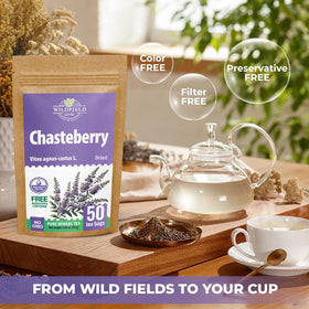 Wildfield Herbs Chaste Tree Berry Tea cup steeping creating a warm beverage
