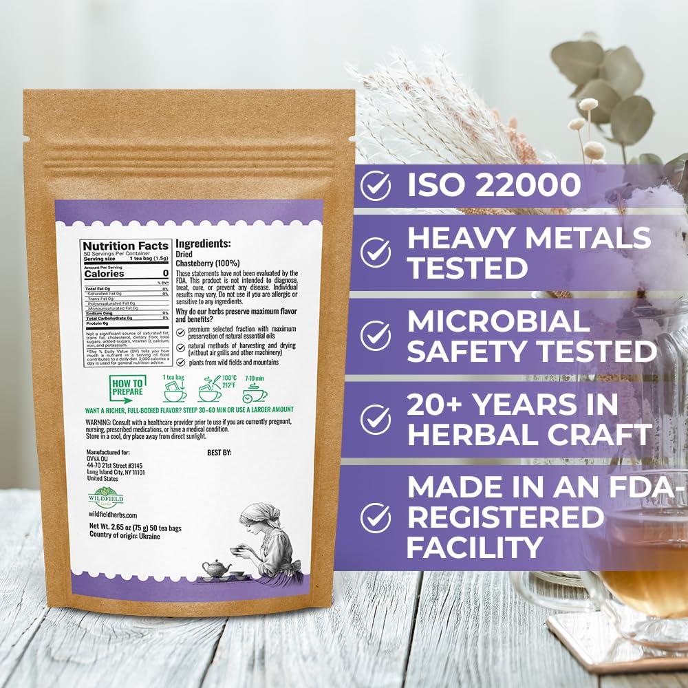 Wildfield Herbs Chaste Tree Berry Tea leaves closeup with vibrant herbal aroma