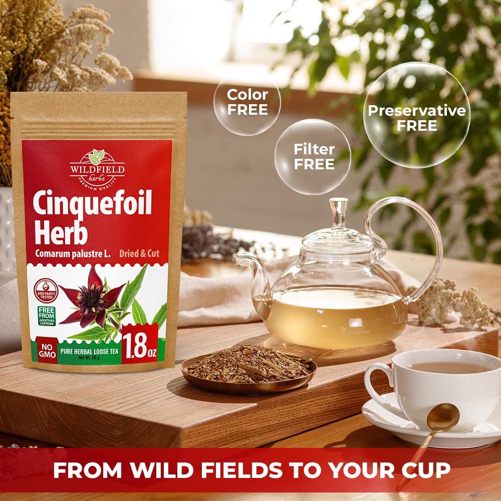 Wildfield Herbs Cinquefoil tea label lists ingredients and origin for informed selection