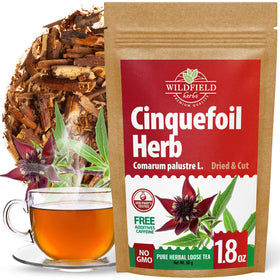 Wildfield Herbs Cinquefoil tea packaging box, premium dried herb for quick brews