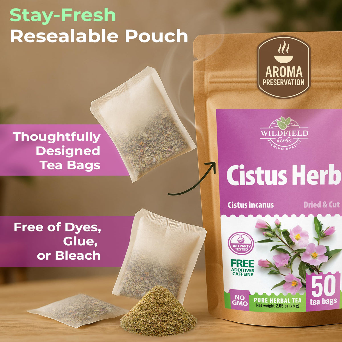 Wildfield Herbs Cistus Tea box packaging emphasizes freshness